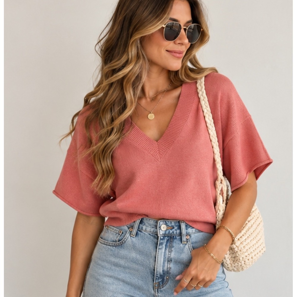 MOTHER The SS V-Neck Boxy Crop Sweater Rose of Sharon Pink XS